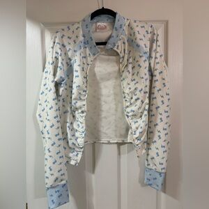 Shabby Chic Cream and Light Blue Floral Ruffle-Front Jean Jacket and leggings